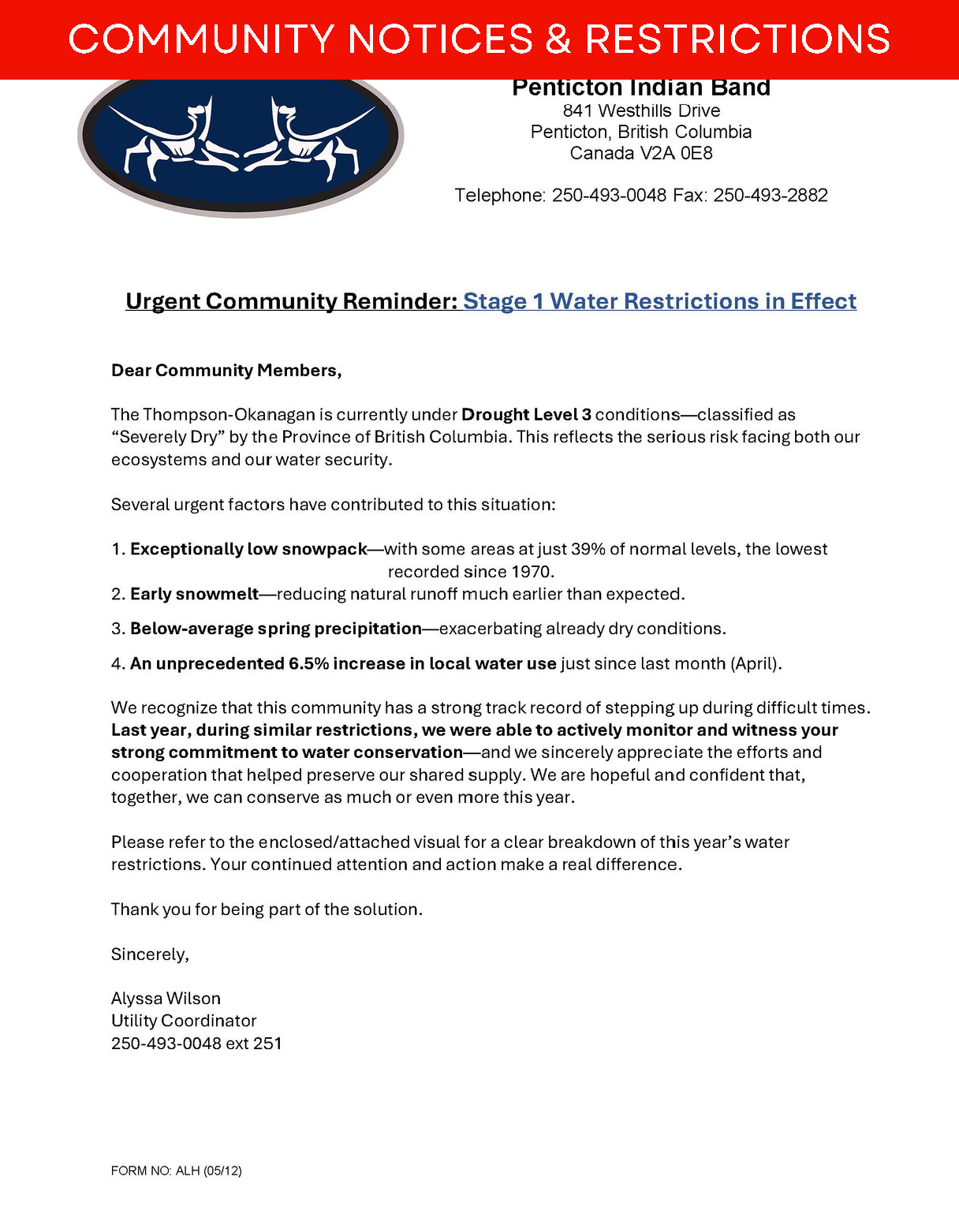 Stage 1 Water Restriction Letter